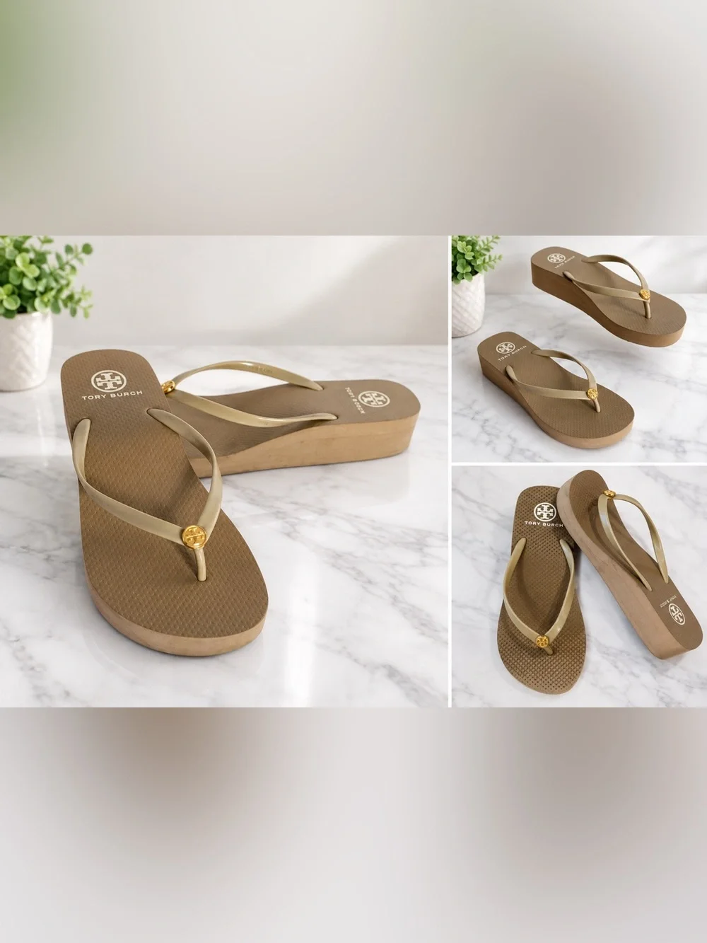 Tory Burch Beige Platform Flip Flop Wedge Sandals with Gold Logo